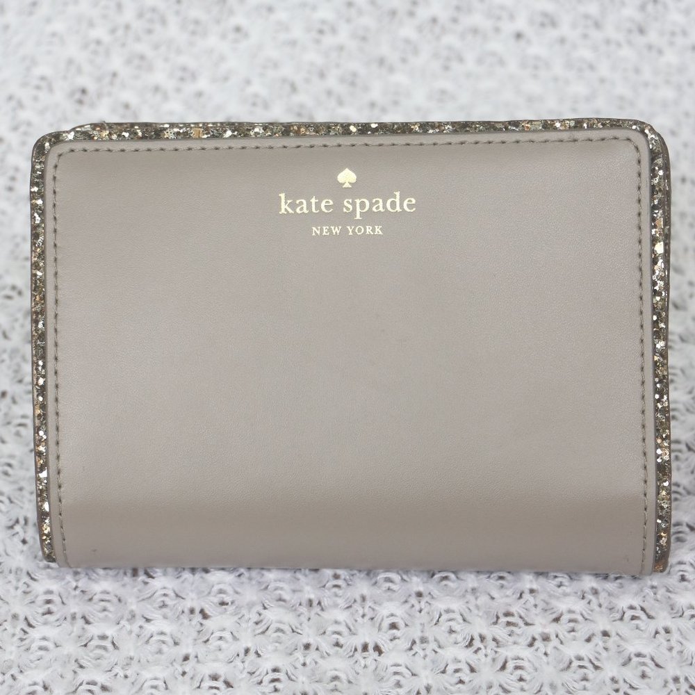 Kate Spade tellie Bifold Wallet (gray leather + glitter border) NWT!